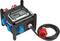 A black electrical distribution box with six blue sockets and a red plug, suitable for use on construction sites.