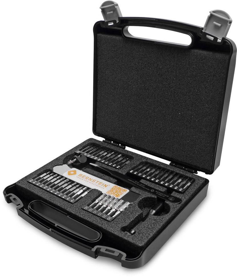 Tool case with various screwdriver bits and handles in foam insert, opened, showing neatly arranged rows of bits.