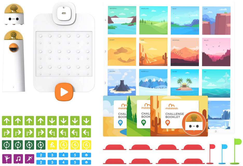 Illustration shows a learning toy set: a white programmable board, colourful picture cards, action tiles, and booklets for children.