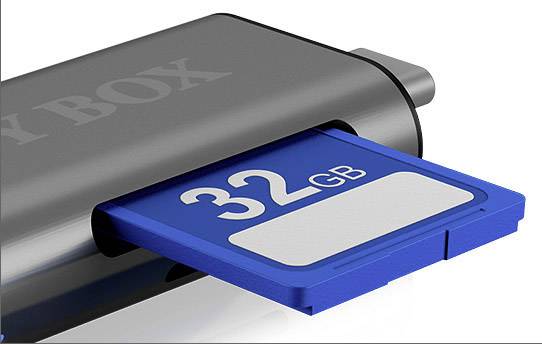 A blue 32 GB SD card is partially inserted into a device's card slot. The storage capacity is primarily visible.