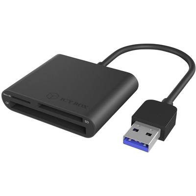 External card reader 'ICY BOX' with USB 3.0 connection. Supports CF, SD and Micro SD cards. Black, square design.