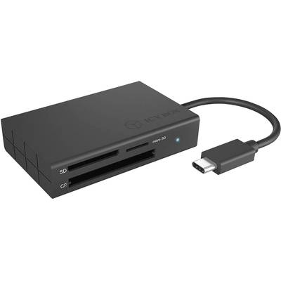 A black card reader with a USB-C connection shows slots for SD, microSD and CF cards. A small blue indicator light is illuminated.
