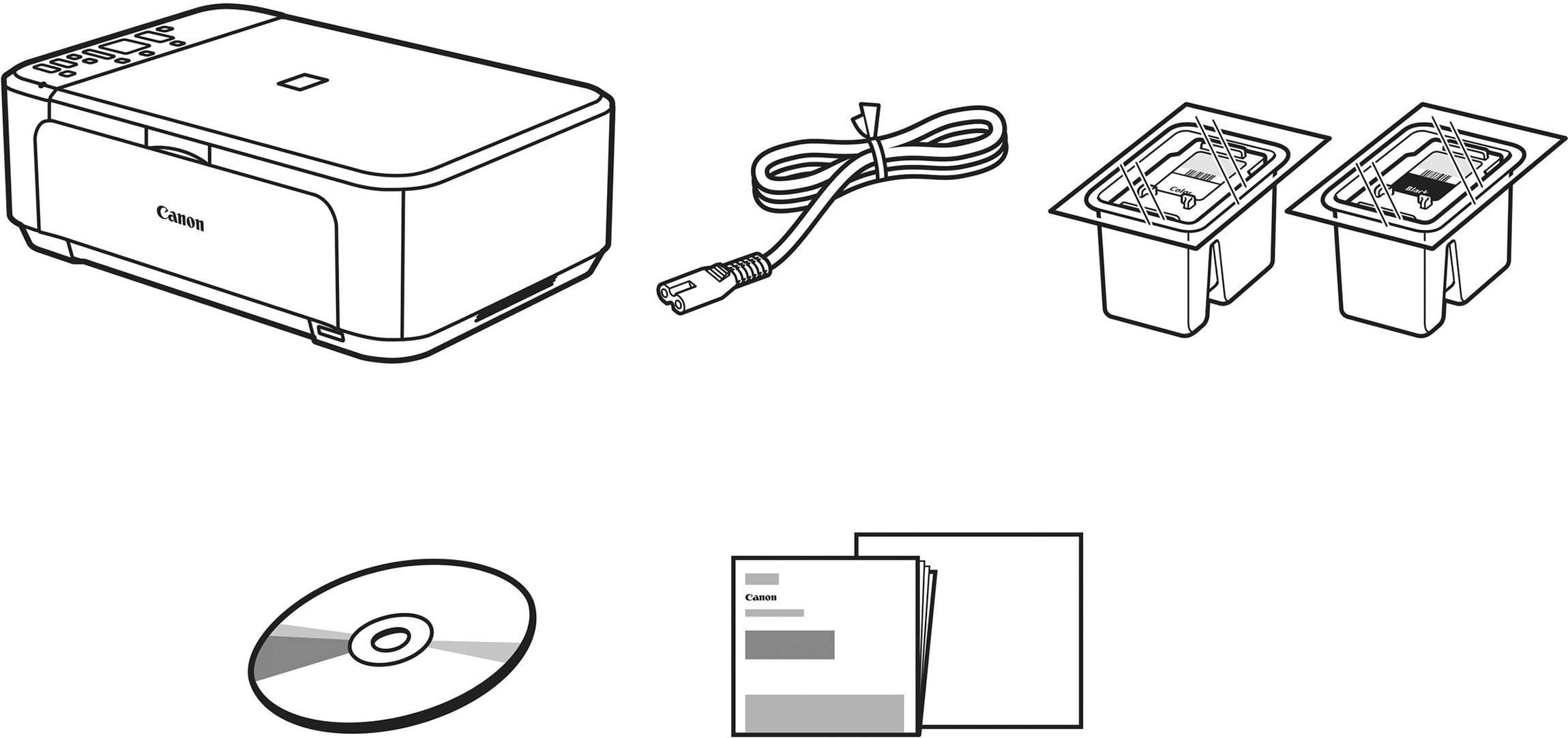 Printer with power cable, two ink cartridges, CD and user manual.