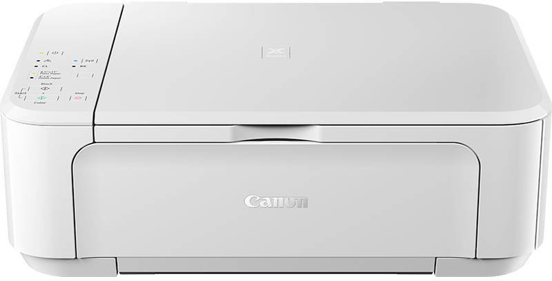 A white multifunction printer is sitting on a table. It has control buttons in the top left corner and bears the manufacturer's logo.