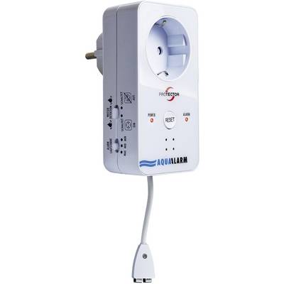 Plug adapter with surge protection, LED indicators for Power, Reset and Alarm, brand 'Aqua Alarm', German plug type.