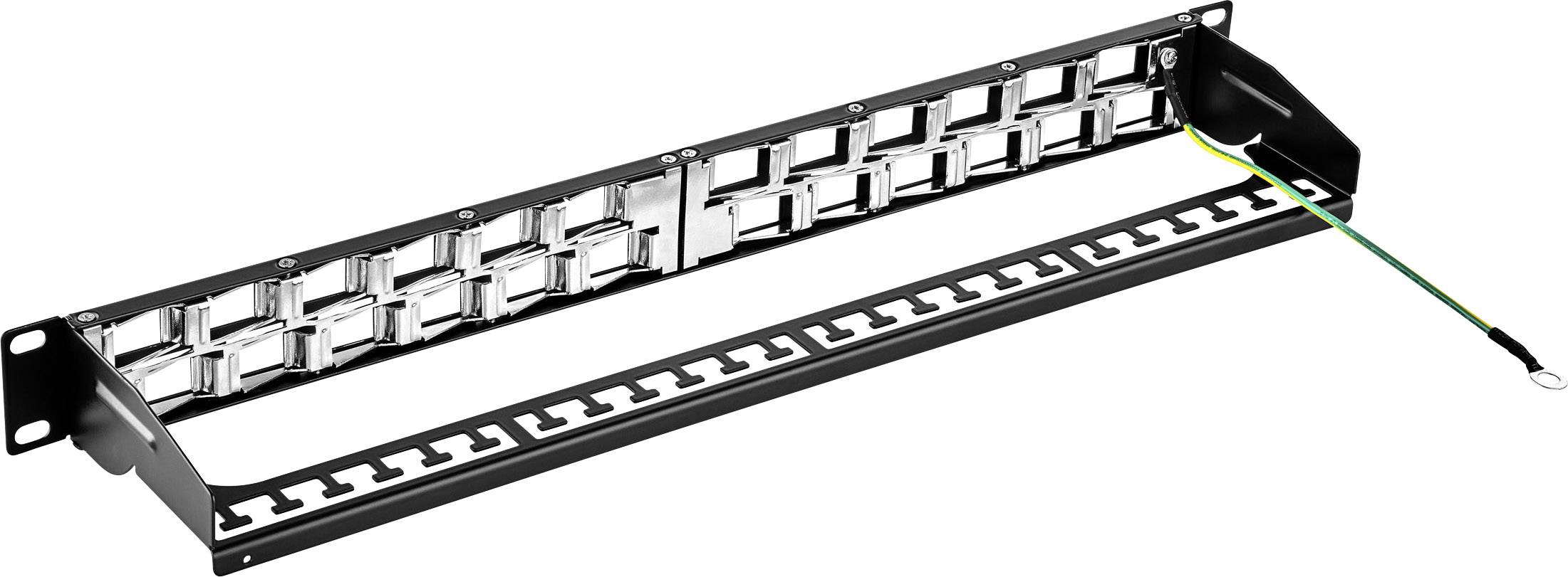 An empty 19-inch patch panel frame with earthing cable for network cabling. Suitable for housing network ports.