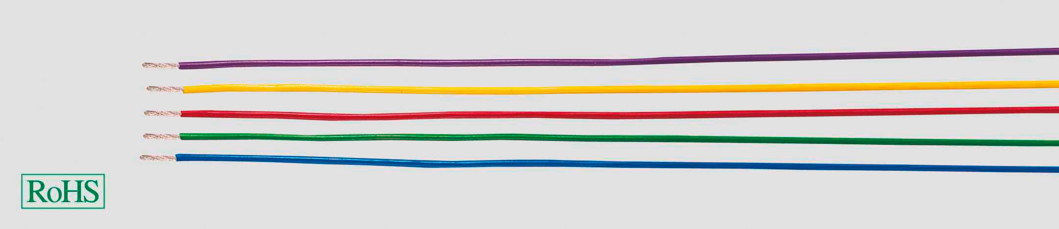 Five coloured wires (purple, yellow, red, green, blue) laid side by side on a grey background; RoHS logo in the bottom left, indicating environmentally friendly materials.