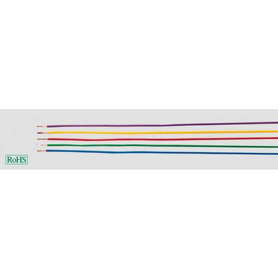 Five isolated wires in various colours (purple, yellow, green, red, blue) are lying parallel. A 'RoHS' logo is visible in the bottom left.