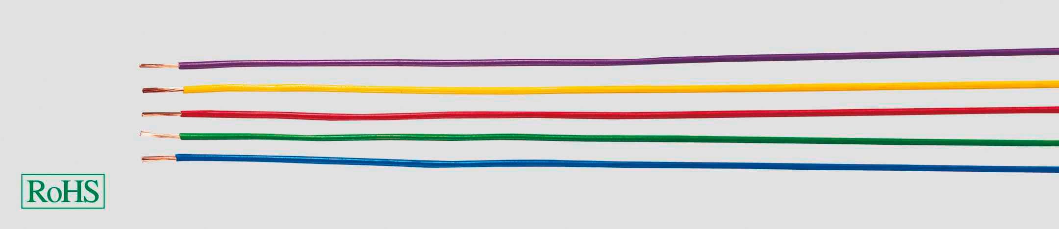 Five coloured wires (purple, yellow, red, green, blue) lie parallel next to each other. The RoHS logo is positioned bottom left, representing environmental friendliness.