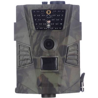 The image shows a wildlife camera in camouflage colours, suitable for outdoor use to monitor and record animal movements.