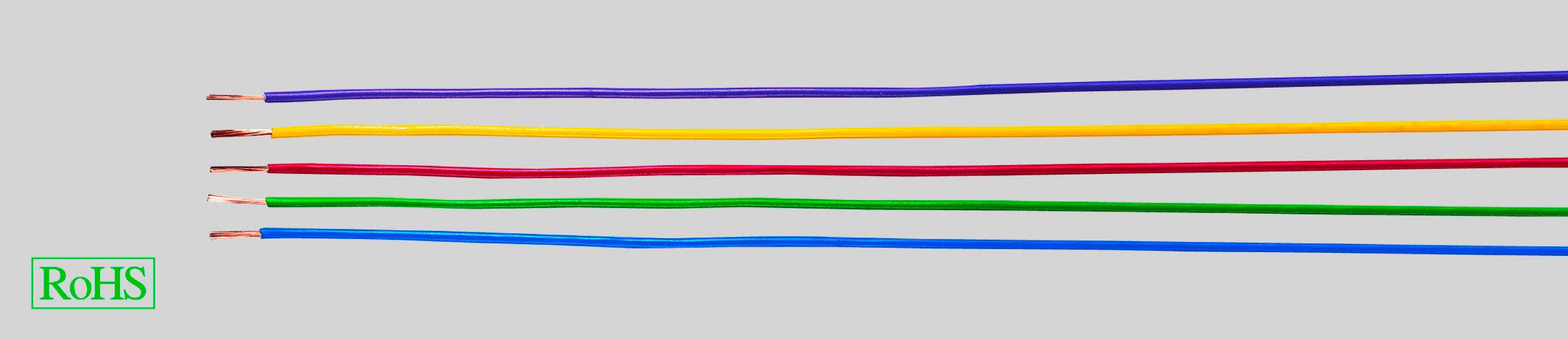 Five isolated wires in various colours (purple, yellow, red, green, blue) side by side. 'RoHS' symbol in the corner.