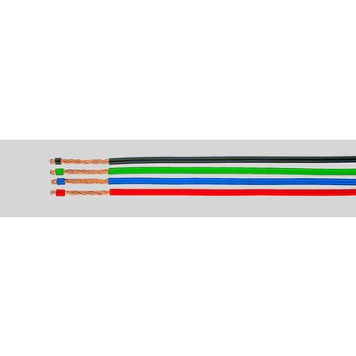 Four coloured insulated copper cables (black, green, blue, red) side by side on a grey background.