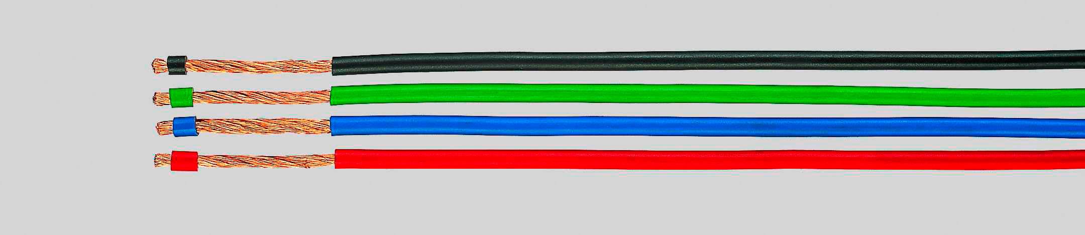 Four coloured, insulated cables: black, green, blue and red, lying side by side on a grey background, with copper wire ends.