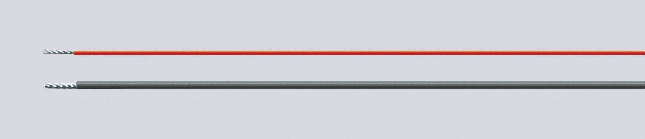 Two adjacent wires: one is red, the other grey. They run horizontally and have bright metallic ends.