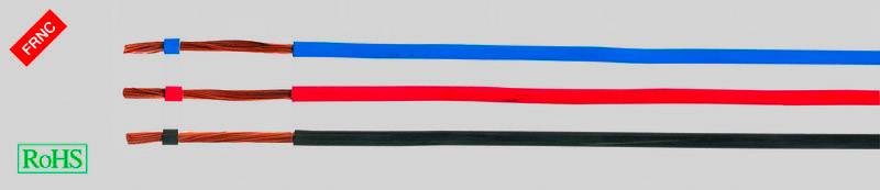 Three isolated wires in blue, red and black, positioned side by side on the right. 'FRNC' and 'RoHS' symbols indicate the protective standard.