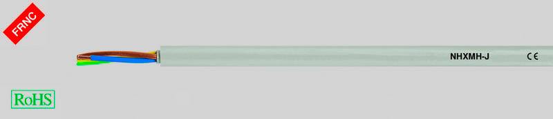 Electrical cable NHXMH-J with open end showing coloured wires; 'FRNC' and 'RoHS' symbols, indicating safety standards.