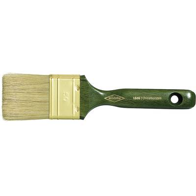 Paintbrush with light-coloured bristles and a green wooden handle, suitable for painting work. Golden metal ferrule at the base of the bristles.