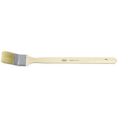 Flat paintbrush with wooden handle and white bristles; suitable for painting work.