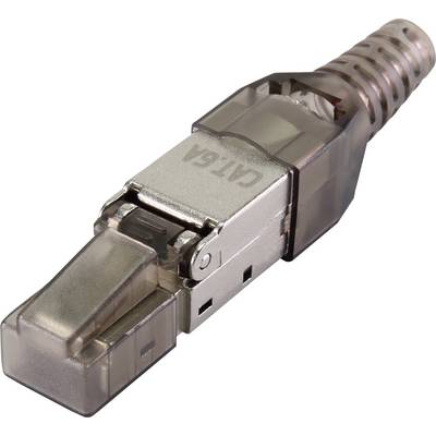 'Close-up of a Cat6a Ethernet plug with a transparent casing, suitable for Gigabit networks and high data transfer rates.'