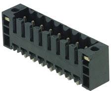 A black, rectangular electrical connector for electronic devices with multiple connection points.