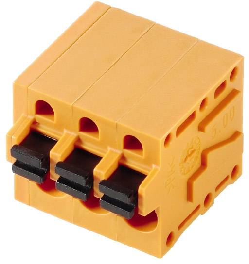 An orange-coloured, three-pin plug connector block used for electrically connecting multiple wires.