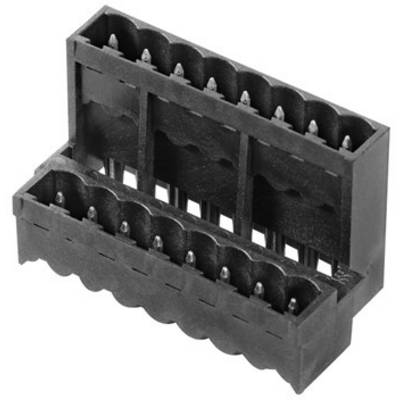A black connector with two rows of metal pins, suitable for electrical connection in electronic devices.