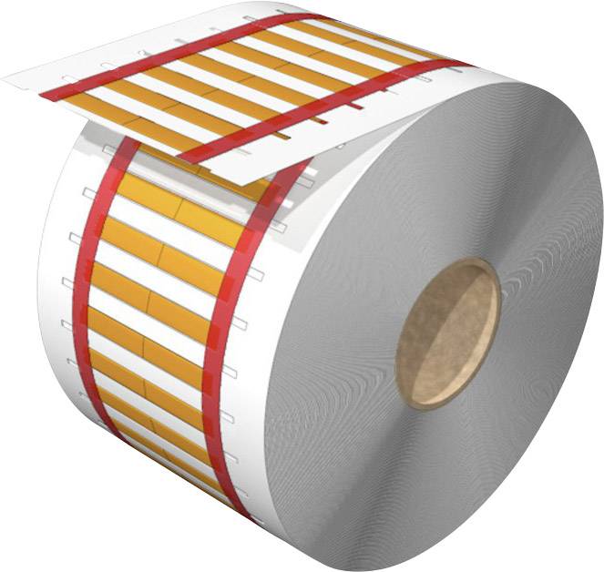 Large roll with white, orange and red stripes, similar to a label tape for industrial or commercial applications.