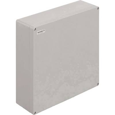 A rectangular grey electrical box with screws in the corners and a small label in the top left-hand corner.