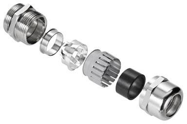 Exploded view of a cable gland set with multiple metal and plastic components showing the assembly of the gland.