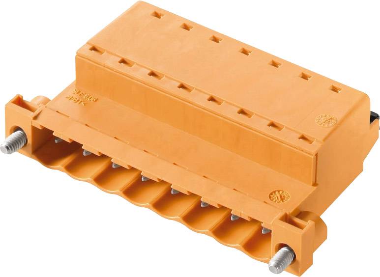 Orange plastic terminal block, rectangular in shape, with multiple connection points and screws at both ends for securing.
