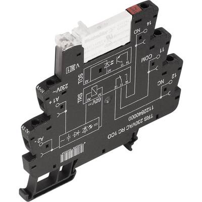 A black electronic relay module with labels and symbols on the front panel, representing electrical circuits.
