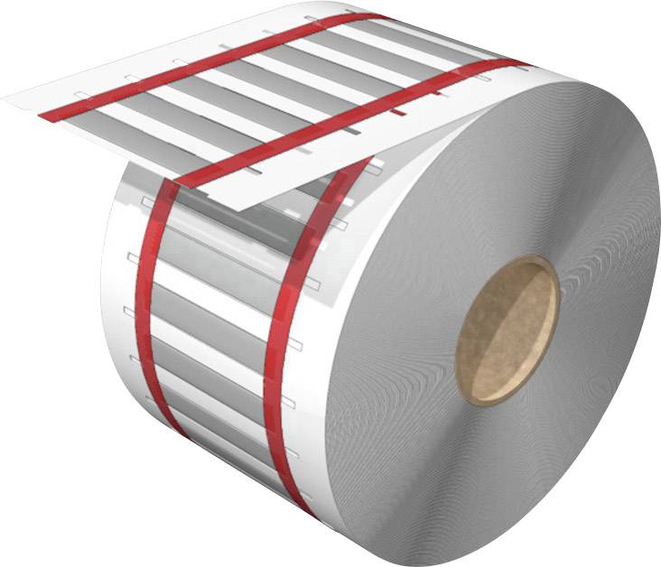 'Roll of paper, printed with red stripes and black bars. Representation of price labels or barcode stickers.'