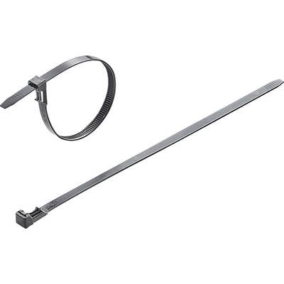 A black plastic cable tie, pictured in full length and in a closed position.