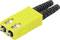 Yellow fibre optic connector with two black cables, typically used for network connections.
