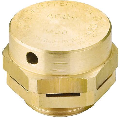 A hexagonal brass cable gland with engravings on the top surface, manufactured by Peppers UK.