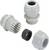 Three grey cable glands and a black sealing ring on a white background, used for sealing and strain relief of cables.