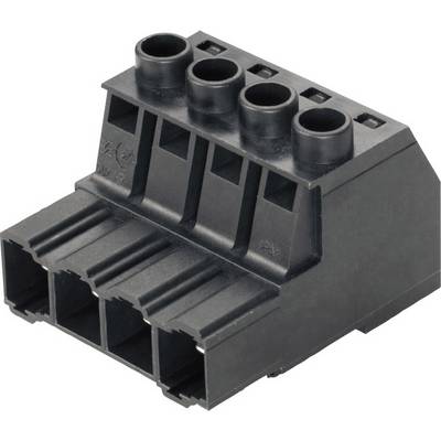 Black, five-pole terminal block for electrical connections, with five round inputs on top and four rectangular outputs at the front.