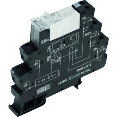 A black relay module with white printing and a transparent section on top. It displays electrical circuit diagrams and connection terminals.