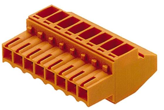 An orange electrical connector with multiple terminals, suitable for connecting wires in electrical circuits.