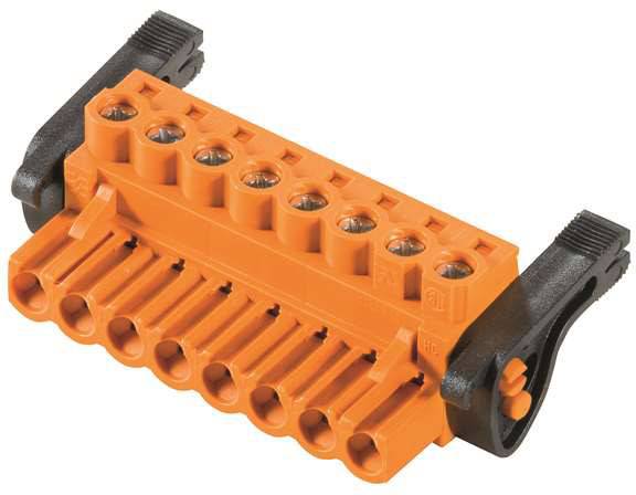 Orange connector with black levers, suitable for eight electrical connections.