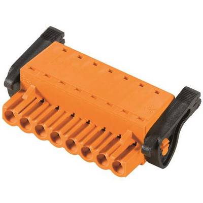 Orange electrical connector with ten terminals, rectangular in shape with black latches on the sides.