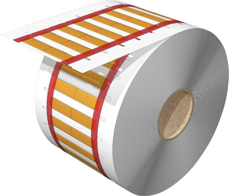 Image of a large roll of thermal transfer ribbons with yellow and red stripes, used for printing in industrial applications.
