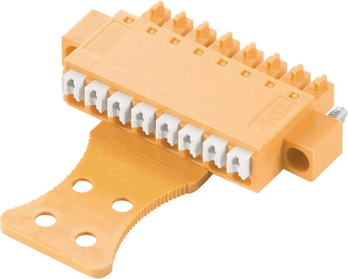 An orange electrical connector with multiple connection points and a mounting bracket.