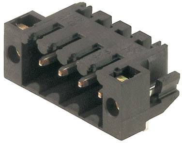 A black, six-pole electrical connector made of plastic with exposed metal contacts on its underside.