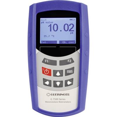 Handheld pH metre with blue casing. Display shows 'pH value 10.02' and '25.7 °C'. Control buttons located below.