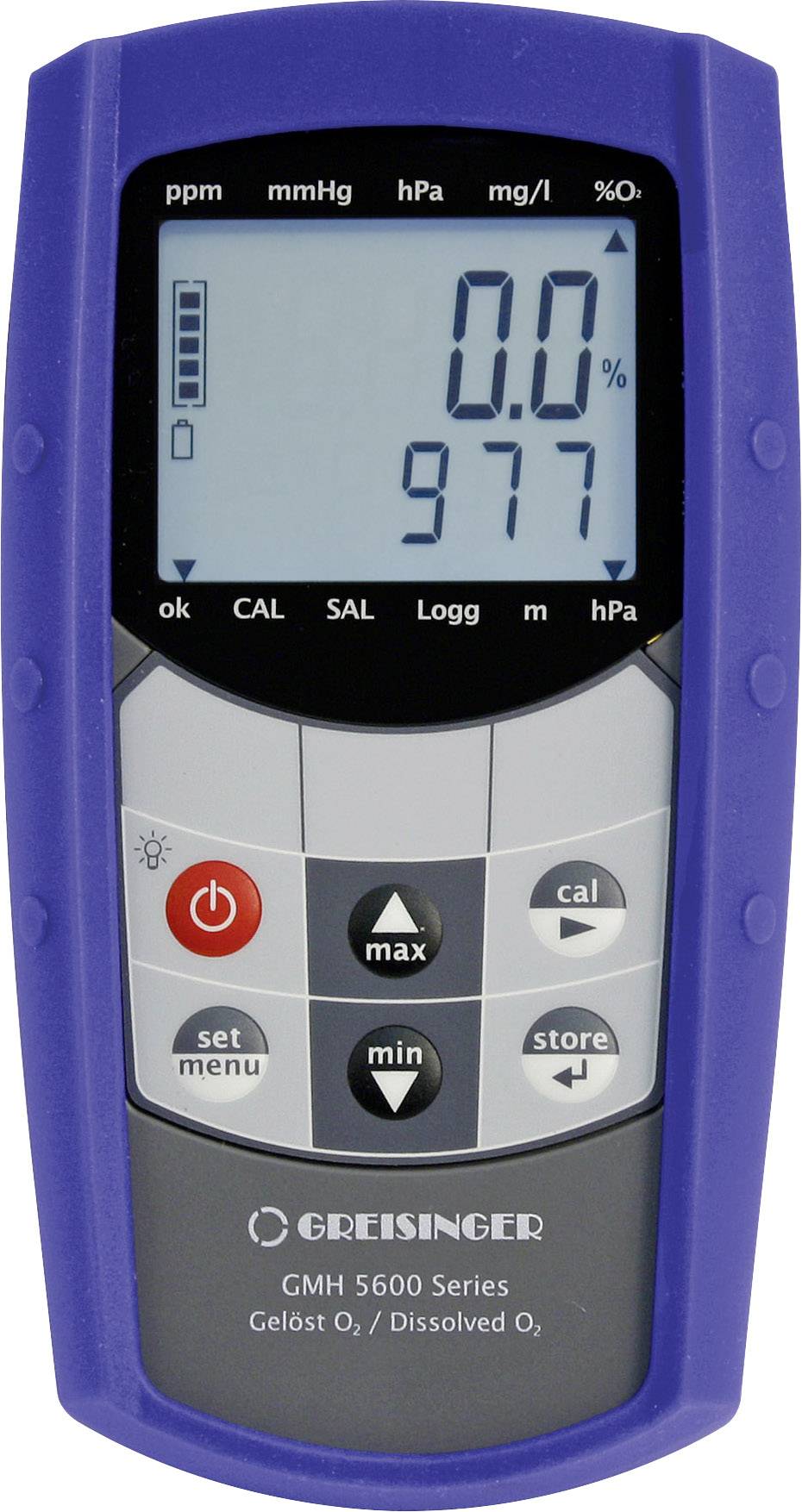 A portable measuring device, blue-grey in colour, displays oxygen concentration and air pressure on a digital screen. Control buttons located underneath.