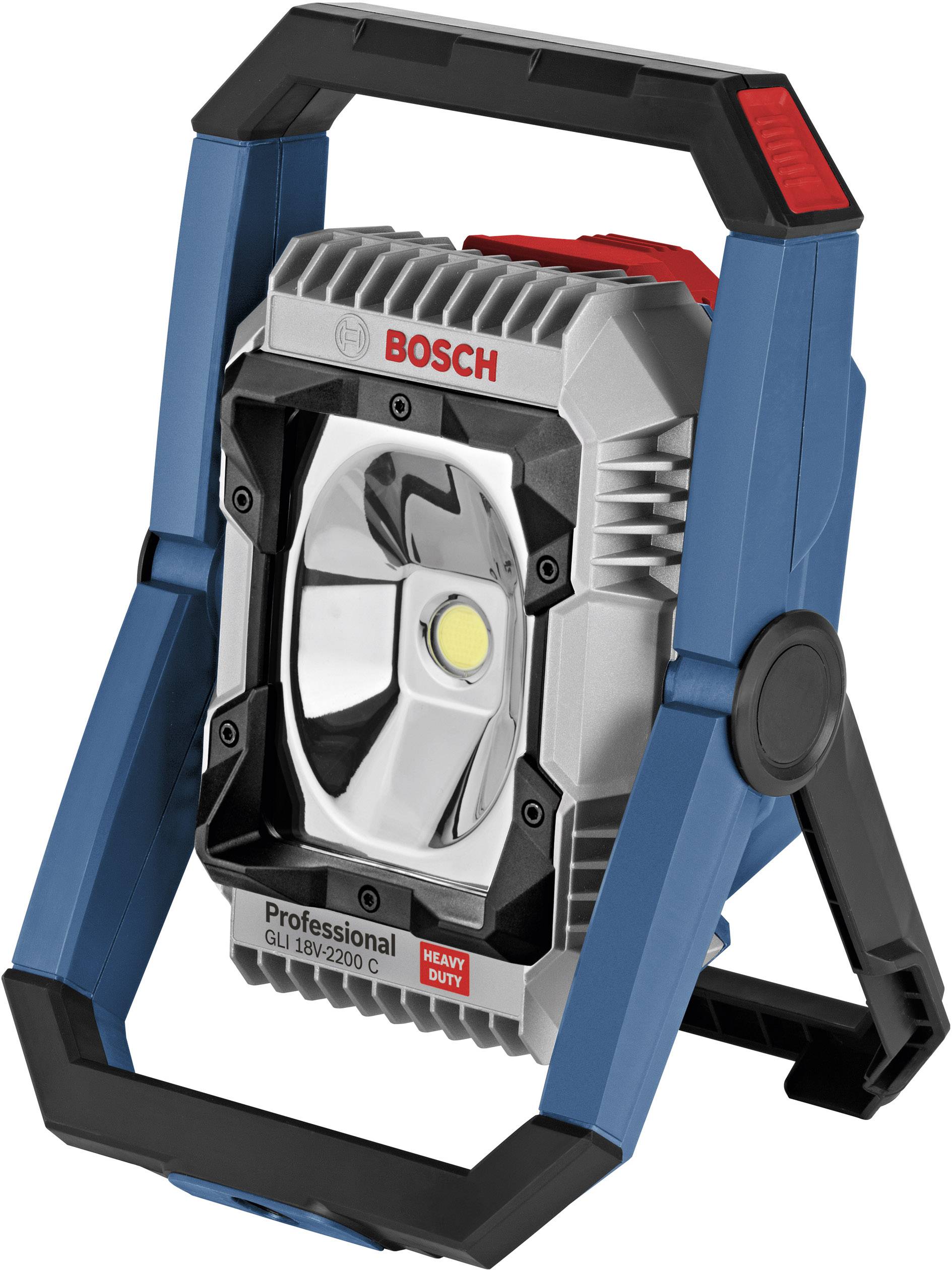 Construction site spotlight with robust housing and handle. Label reads 'Bosch Professional GLI 18V-2200 C'. Device is blue, grey, red and black.