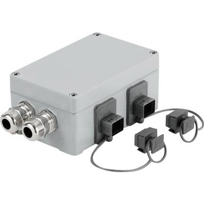 Grey rectangular enclosure with two metal connectors and two cables with plugs being led out. Suitable for electrical applications.