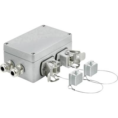 Metallic housing with two cable connections and four connectors fitted with wire fuses.