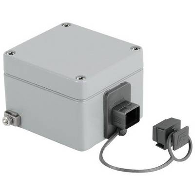 Grey, rectangular enclosure with a removable plug. Used for electrical connections or protection of electronics.